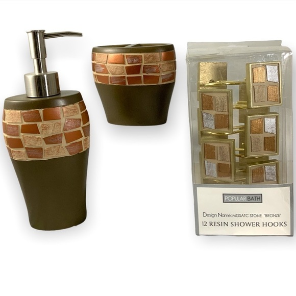 Mosaic Bathroom Set Curtain Hooks Soap Dispenser Toothbrush Holder 4 PC Set - Picture 11 of 15